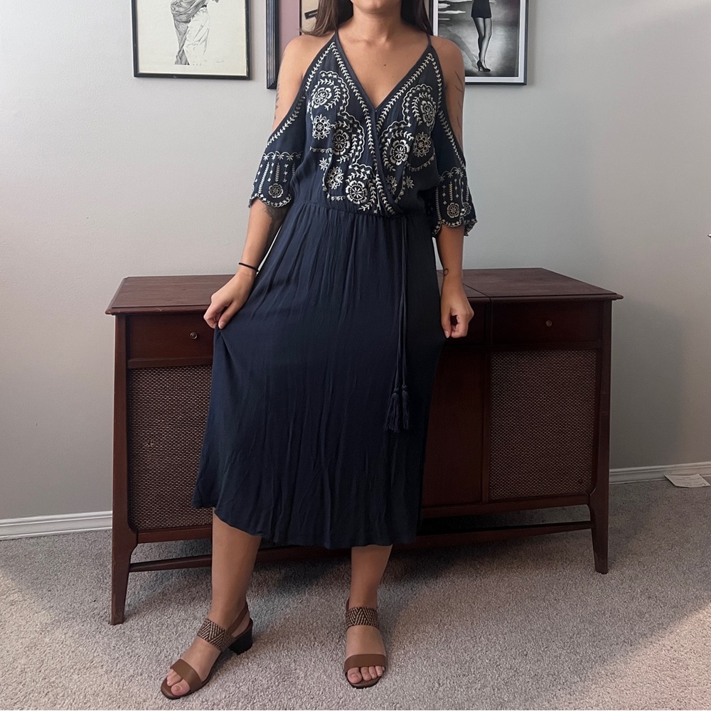 Navy Embroidered Midi Dress